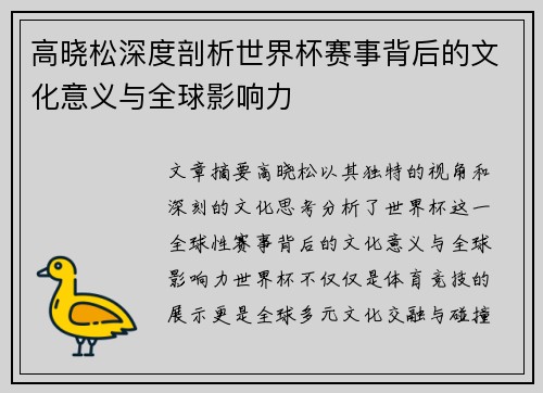 高晓松深度剖析世界杯赛事背后的文化意义与全球影响力